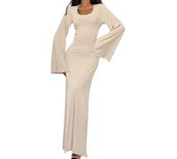 shownicer Strickkleid Damen Lang Rundhals Geripptes Pulloverkleid Langarm Sweater Tunika Einfarbig Herbst Winterkleid Warme Strick Sweater Kleid B Aprikose XS