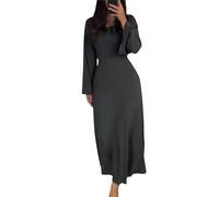 shownicer Strickkleid Damen Lang Rundhals Geripptes Pulloverkleid Langarm Sweater Tunika Einfarbig Herbst Winterkleid Warme Strick Sweater Kleid A Grau M