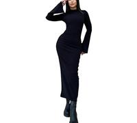 shownicer Strickkleid Damen Lang Rundhals Geripptes Pulloverkleid Langarm Sweater Tunika Einfarbig Herbst Winterkleid Warme Strick Sweater C Schwarz L