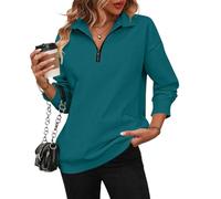 shownicer Sweatshirt Damen Langarm Pullover Einfarbig V Ausschnitt Sweatshirt ohne Kapuze Casual Revers Sweatshirt mit Halbem Reißverschluss Langarmshirts Oberteile Herbst Winter A Dunkelgrün XL