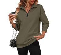 shownicer Sweatshirt Damen Langarm Pullover Einfarbig V Ausschnitt Sweatshirt ohne Kapuze Casual Revers Sweatshirt mit Halbem Reißverschluss Langarmshirts Oberteile Herbst Winter A Armeegrün XL