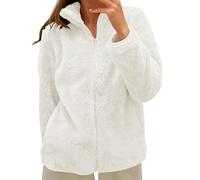 shownicer Teddyjacke Damen Warme Jacke Dicke Freizeit Winterjacke Einfarbig Fleecejacke mit Taschen Reißverschluss Wintermantel Plüschjacke Freizeit Outdoor Fleecemantel A Weiß M