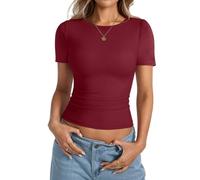 shownicer Tshirt Damen Eng Sommer Kurzarm Rippshirt Rundhals Basic Oberteile Gerippt Slim Fit Tops A Weinrot XS