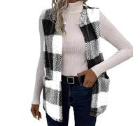 shownicer Weste Damen Warme Ärmellose Plaid Fleece Plüschweste Herbst Winter Teddy Jacke Mit Taschen A Schwarz XL