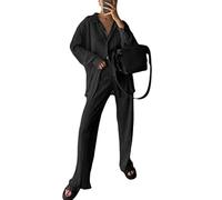 shownicer Zweiteiler Damen 2 Stück Casual Outfits Plissee Revers Langarm Button Down Shirt Hohe Taille Lange Hosen Loungewear Streetwear Anzüge Weites Bein Hosenanzüge A Schwarz S
