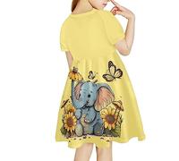 Showudesigns Kleid für Mädchen von 4-14 Jahren, kurzärmelig, Freizeitkleidung, Elefanten-Sonnenblume, 4 Jahre
