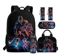 Showudesigns Schulrucksack für Jungen Elementarrucksack mit Lunchtasche Set Wasserflaschenhalter Federmäppchen Lesezeichen, Eishockey, L, Casual