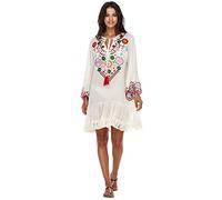SHU-SHI - Damen Kleid im Tunika-Stil - kurz & Bestickt - lässiges Boho-Kleid mit Trompetenärmeln - zum Tragen über der Badekleidung - Altweiß - S