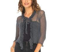 SHU-SHI Damen Transparenter Bolero Cardigan Leichter Sommer Shrug mit Rüschen & Bindeband, Mesh Strick Überwurf für Kleid, Festliche Bolero Jacke Damen