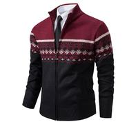 Shuanghao Herren Herbst-Winter Strick-Pulli Sweatshirt-Jacke Cardigan - Freizeit-Mode Klassische Fleece-Futter Warme Bequeme Outdoor Männer Hoher Kragen-Strickmuster-Jacke Pulliover Mantel Rot XL