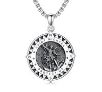 Shusukue St. Michael Halskette für Herren 925 Sterlingsilber Rund Heiliger Erzengel Michael Kompass Medaille Medaillon Schutzschmuck