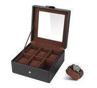 SHYOSUCCE 6 Fächer Uhrenbox mit Transparent Glasdeckel und Abnehmbare Samt Kissen, Uhrenkasten aus PU Leder, Schwarz(19.5x19.5x9.5cm)