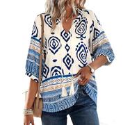Siddhe Damen Boho Bluse V-Ausschnitt Halbarm Longbluse Locker Lange Shirt mit Schleife, Lose Böhmisch Ethnisch Strand Tunika Oberteile, Blau XL