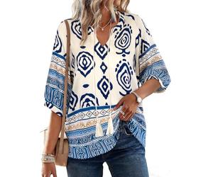 Siddhe Damen Boho Bluse V-Ausschnitt Halbarm Longbluse Locker Lange Shirt mit Schleife, Lose Böhmisch Ethnisch Strand Tunika Oberteile, Blau M
