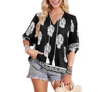 Siddhe Damen Elegant Oberteil, V Ausschnitt Bluse mit Schleife Boho Sommer 3/4 Arm T-Shirt Blusenshirt Schicke Sommer Tops für Strand Luftig Lange Damenbluse mit Feder Aufdruck, Schwarz XXL