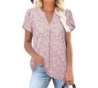 Siddhe Damen Sommer Oberteile T-Shirt V-Ausschnitt Kurze Blütenärmel Bluse Tshirt Casual Süße Geblümt Longbluse Longshirt Tunika für Strand Lässig, Rosa Blumen Gemustert XL
