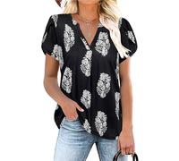 Siddhe Damen V Neck T-Shirt Casual Feder Bedruckte Kurzarm Bluse Shirt mit Blütenblatt Ärmel Sommer Longbluse Oberteil Tshirt für Strand, Schwarz und Feder Muster XL