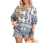 Siddhe Damenbluse, Elegant Bluse Damen V Ausschnitt 3/4 Arm mit Schleife Sommer Leicht Blusentop T Shirt Sommer Boho Strandbluse für Frauen Strand Luftig mit Ethnisch Hellblau Aufdruck, Blau XL