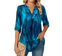 Siddhe Damenbluse Elegant Festlich Blusen Damen 3/4 Arm Tunika Lang Frühling Sommer Longbluse Oberteile Frauen Langshirt Schick Shirts Modern Schön mit Muster, Plisseefalten XXL