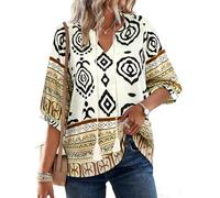 Siddhe Halbarm Bluse Damen V-Ausschnitt Böhmische Tunika Locker Lange Shirt mit Schleife, Lose Casual Boho Ethnische Strand Longbluse Oberteil für Frühling Herbst, Braun M