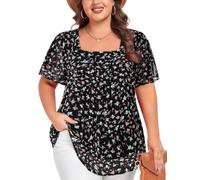 Siddhe Oberteil für Damen, Übergröße, kurzärmelig, quadratischer Ausschnitt, Sommer, elegante Chiffon-Blusen, lockere Tunika, Floral Black, X-Large Plus