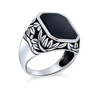 Sie Retro Vintage Stil Elegante Blatt Ranken Akzent Schwarz Onyx Edelstein Oktagon Rechteck Siegel Ring Western-Schmuck Für Männer Schwer Oxidiert .925 Sterling Silber Handgefertigt In Der Türkei