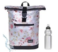 Sieber Rucksack Kurierrucksack Bench Hydro Plane Roll-Top backpack Laptoprucksack A4 wetterfest Damen Herren 64175 + Trinkflasche (Flower Silber Metallic 3521)