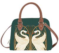 Signare Art Nouveau Swan Tapisserie Handtasche, wandelbare Umhängetasche, Grün und Braun (Schwan, Rush und Iris, CONV-SWAN), Schwan, Medium