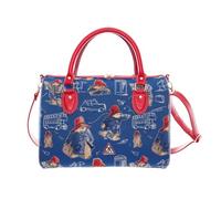 Signare Paddington Bear Tapisserie-Reisetasche und Wochenendtasche in blauem Hintergrund und rotem Griff und Schultergurt (Paddington Bear Blue, TRAV-PADDBL)