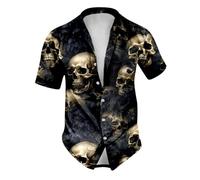 Signum Hemd Herren Langarm Männlicher Druck Halloween-Thema Lässiger Rundhalsausschnitt Blut Grafik Übergröße Kurzes Hemd Revers Bedruckt Bedrucktes Einreihiges Hemd Rave Hemd Herren (Navy, XXXL)