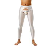 SiiRoh Männer Glänzende Nahtlose Ausgeschnittene Strumpfhosen Leggings Kompressions Trainingshosen Strumpfhalter Strümpfe Weiß M