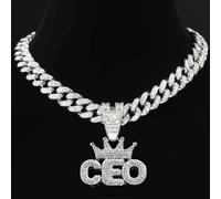 (Silber, 50 cm) Inestone Crown CEO Brief Anhänger kubanische Kette Männer Frauen HipHop Halsketten Schmuck