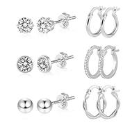 Silber 925 Ohrringe für Damen, ALEXCRAFT Sterling Silber 925 Ohrringe Set, Glänz AAA+ Diamant Zirkonia Creolen Mini Kugel Ohrstecker, 6 Paar Multi Kleine Silber Creolen Knorpel Twist Ohrring