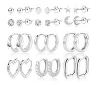 Silber 925 Ohrringe Set, 12 Paar ASH'S Multipack Silber 925 Creolen Ohrstecker Kleine Set Damen, Silber Creolen Eckig Oval Herz Kugel Stern Ohrstecker Piercing Ohrringe Silber für Mehrere Ohrlöcher