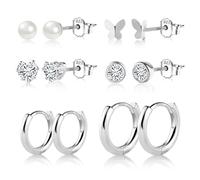 Silber 925 Ohrringe Set für Damen - 6 Paare Hypoallergen Herz Perle CZ Glitzer Ohrstecker und Huggie Creolen für Mehrere Piercings - Mädchen Schmuck