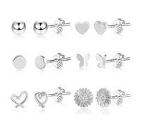 Silber 925 Ohrringe Set Ohrstecker Kleine Damen, 6Paar Multipack Ohrringe Sterling Silber Ohrstecker Knorpel Set Ohrringe Kleine Silber Glitz Ohrstecker Herz Kugel Schmetterling Ohrringe Damen Frauen