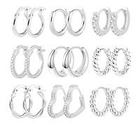 Silber Creolen Ohrringe Set, 9 Paar für Damen, Multipack mit Zirkonia Twist Herz Klobig Huggies Piercing Knorpel Kreolen