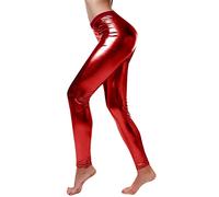 Silber Metallic Leggings Damen Glänzend Kunstleder Wetlook Leggings PU Leder Yoga Hose Tanzhose 70er 80er 90er Party Tanz Disco Karneval Alien Kostüm Leggins Lederoptik Rot XL