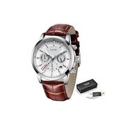 (Silber weiß L)2022 Neue Herren Uhren LIGE Top Marke Leder Chronograph Wasserdicht Sport Automatik