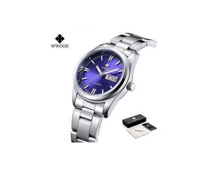 (Silberblaue Box) Montre Femme WWOOR Mode Damenuhren Wasserdicht Quarz Silber Uhr Frauen Automatik