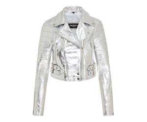 Silberne kurze Brando-Bikerjacke aus Leder für Damen - Damaskus EU 46 / UK 18
