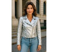 Silberne kurze Brando-Bikerjacke aus Leder für Damen - Durban EU 38 / UK 10