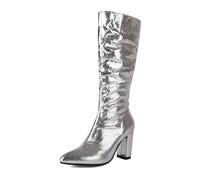 Silberne Metallic-Stiefeletten für Damen elegante Laufsteg-Schuhe zu Abendrobe Brautmode glamouröse Club-Boots mit Candy-Finish amerikanisch-europäischer Langer Schnitt für Festivals (Silver, 38)