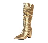 Silberne Metallic-Stiefeletten für Damen elegante Laufsteg-Schuhe zu Abendrobe Brautmode glamouröse Club-Boots mit Candy-Finish amerikanisch-europäischer Langer Schnitt für Festivals (Gold, 38)