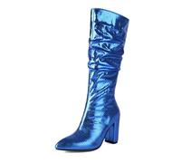 Silberne Metallic-Stiefeletten für Damen elegante Laufsteg-Schuhe zu Abendrobe Brautmode glamouröse Club-Boots mit Candy-Finish amerikanisch-europäischer Langer Schnitt für Festivals (Blue, 38)