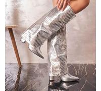 Silberne spiegelnd-beschichtete Overknee-Stiefel mit Strass-Mesh - Futuristischer Glanz und spektakuläres Design