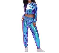 Silbernes Oberteil Damen,Damen Glitzer Metallic Hologramm Hip Hop Langarm Sweatshirt Kurze Sweater länzend Lockere Pullover Shirt Top mit Kordelzug Nachtclub Dancewear Hip Hop Rave Kostüm