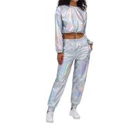 Silbernes Oberteil Damen,Damen Glitzer Metallic Hologramm Hip Hop Langarm Sweatshirt Kurze Sweater länzend Lockere Pullover Shirt Top mit Kordelzug Nachtclub Dancewear Hip Hop Rave Kostüm