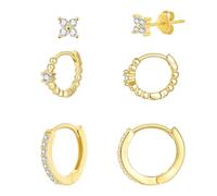 SILBERTALE 3 Paare Ohrringe Set Silber 925 Mini Gold Creolen mit Kugeln Klein Zirkonia Ohrstecker Mädchen Damen