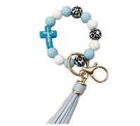Silikon-Perlenarmband mit Jesus-Kreuz-Armband mit Lederquaste, Schlüsselanhänger, Armband für Damen, Blaues Kreuz, Einheitsgröße